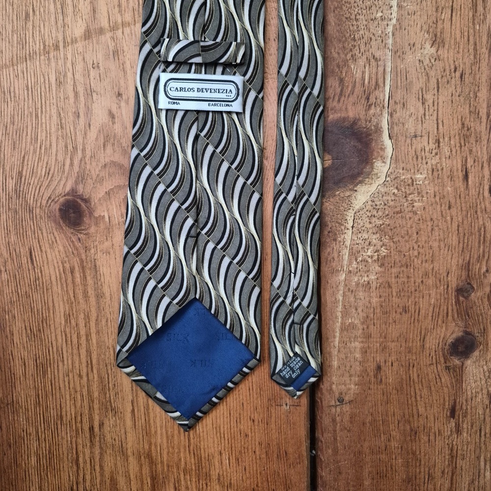 Vintage Carlos Devenezia Silk Tie Roma Barcelona Olive Green Black Wavy Abstract